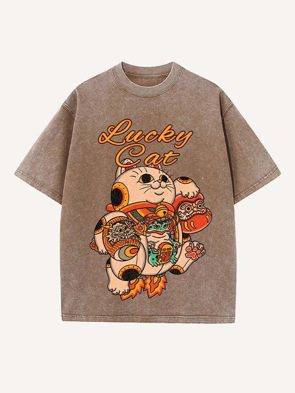 Camiseta de cuello redondo con estampado desgastado de gato, dragón, animal y gráfico 