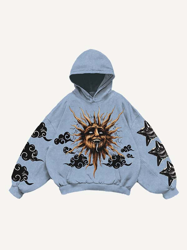 Sudadera con capucha y bolsillos inclinados con estampado de luna, sol, nubes y estrellas malvadas 