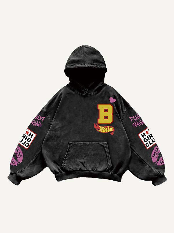 Sudadera con capucha y bolsillos inclinados con estampado de calcomanías falsas de figura, labios, corazón y letras 