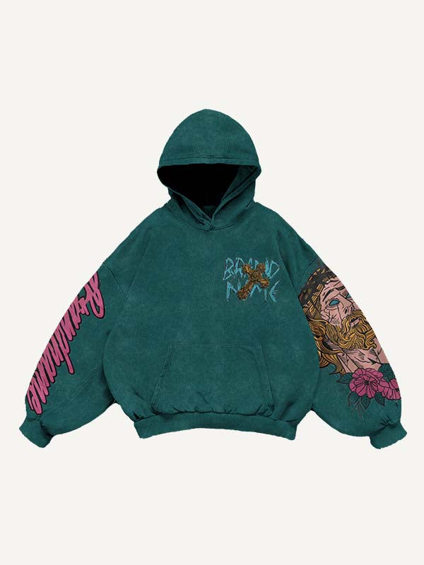 Sudadera con capucha y bolsillos inclinados con estampado de figuras, letras y cruces 