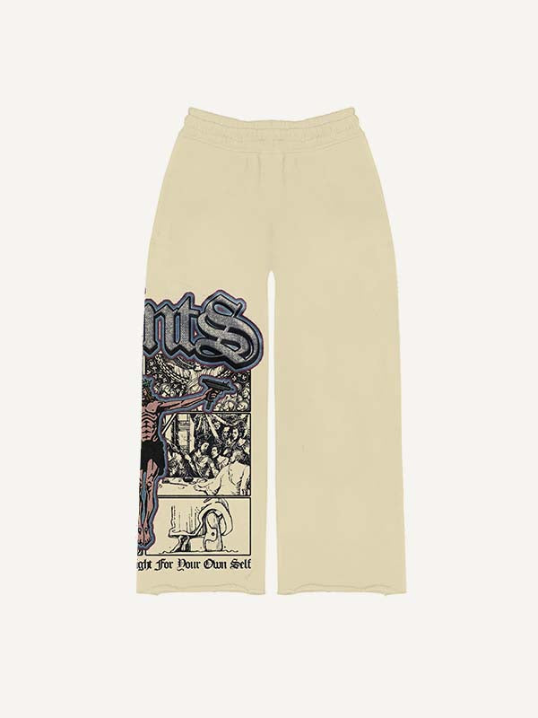 Figure&Gun&Letter Faux Decal Print Elastic Waist Pants