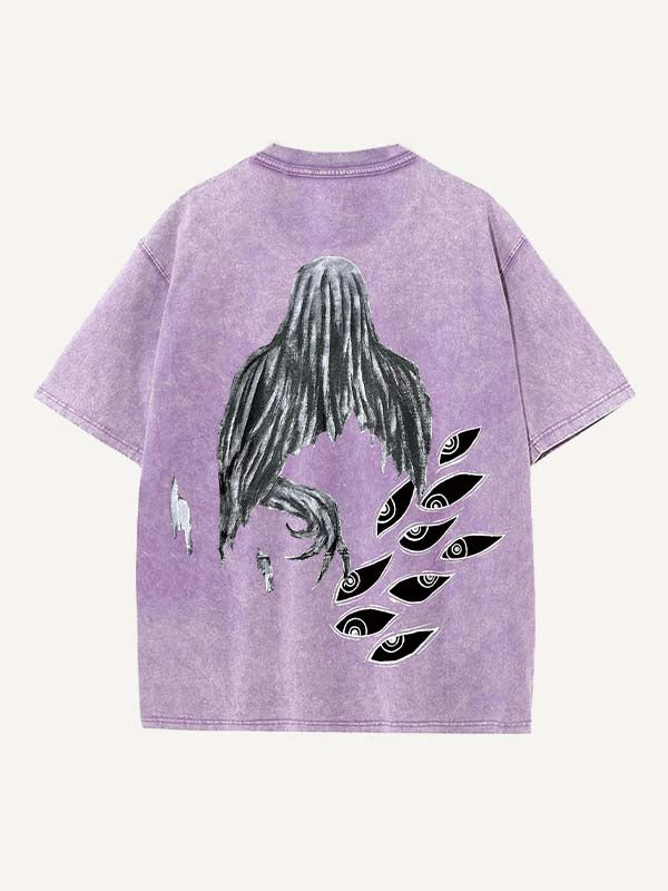 Camiseta de cuello redondo con estampado gráfico desgastado, figura, ojos, fuego y lavado 