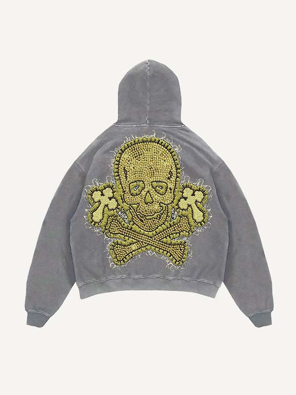 Sudadera con capucha y bolsillos inclinados con estampado de cruz y calavera lavada y desgastada