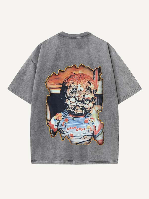 Camiseta de cuello redondo con estampado de terror desgastado y lavado 