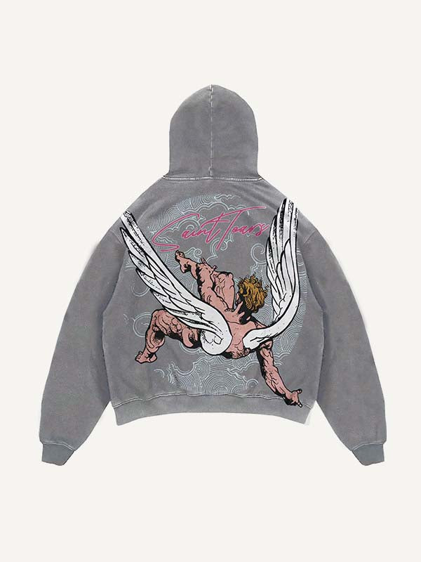 Sudadera con capucha y bolsillos inclinados con estampado desgastado de figuras, alas y letras 