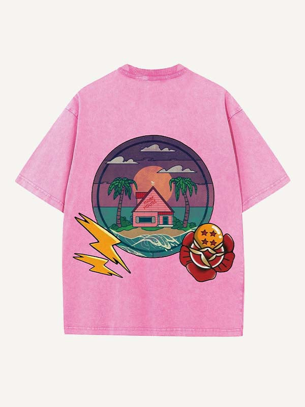 Camiseta de cuello redondo con estampado gráfico de dragón y casa desgastada 