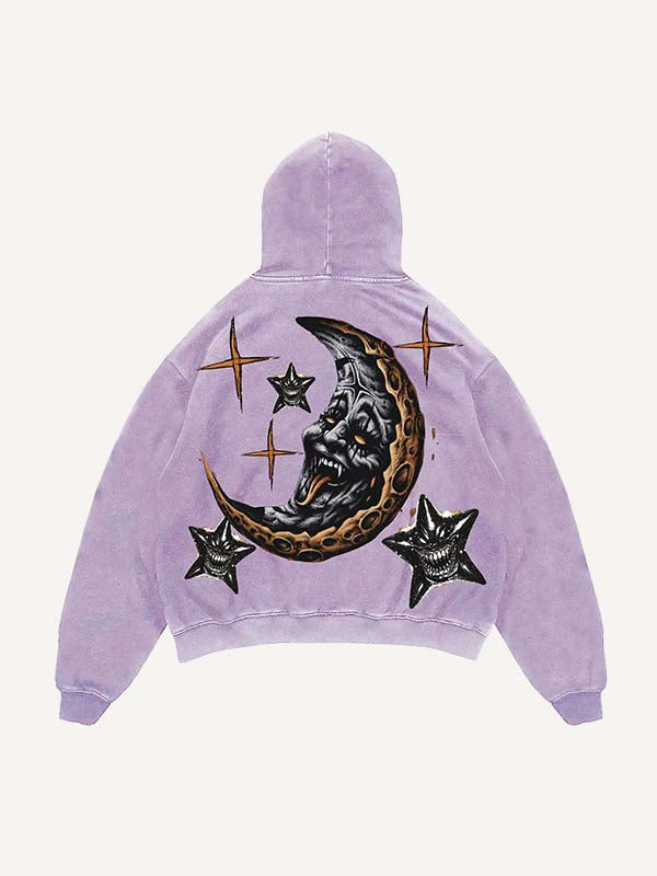 Sudadera con capucha y bolsillos inclinados con estampado de luna, sol, nubes y estrellas malvadas y desgastada 