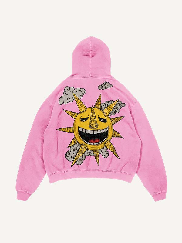 Sudadera con capucha desgastada, lavada, con estampado de luna, sol, estrellas y nubes malvadas y bolsillos inclinados 