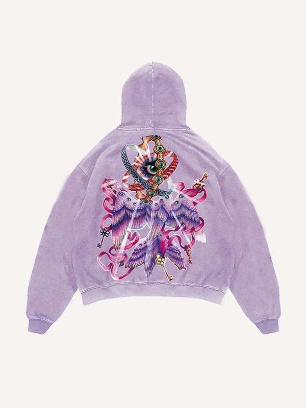 Sudadera con capucha y bolsillos inclinados con estampado gráfico de alas y ojos desgastados