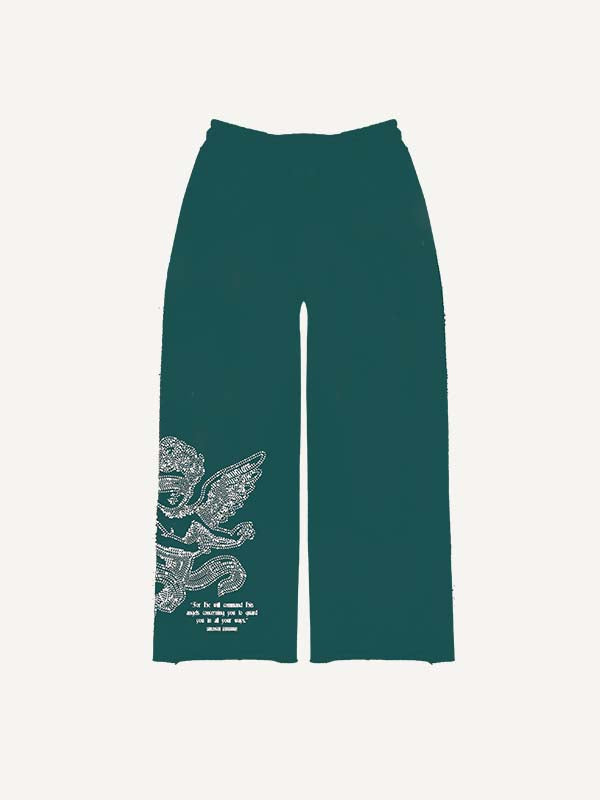 Pantalones con cintura elástica y estampado de pedrería sintética de ángel, fuego y letras 