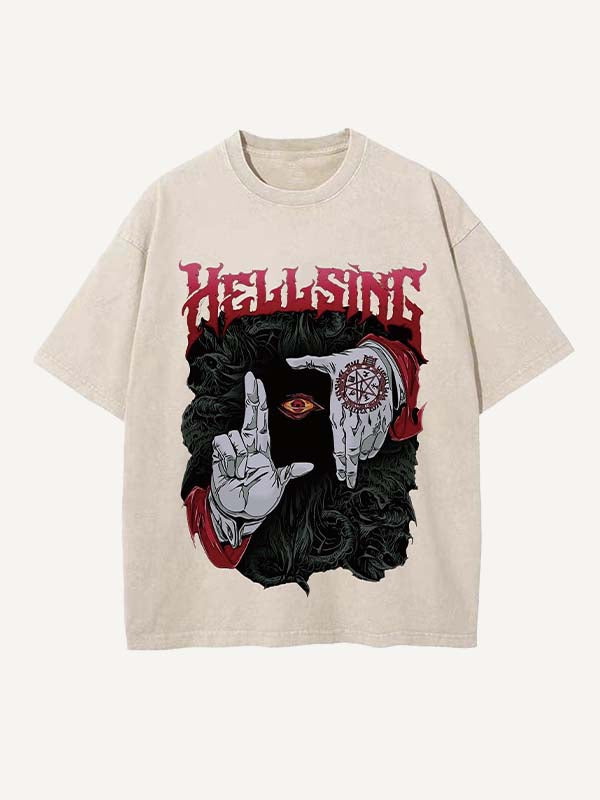 Camiseta de cuello redondo con estampado desgastado de ojos, palmas, letras y gráficos 