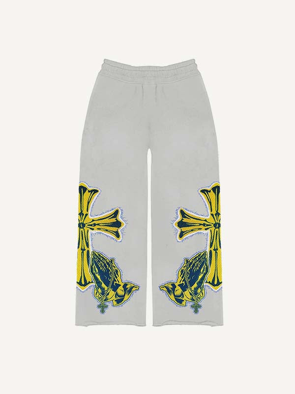 Pantalones con cintura elástica y estampado de calcomanías falsas de Figure&amp;Pray&amp;Cross 