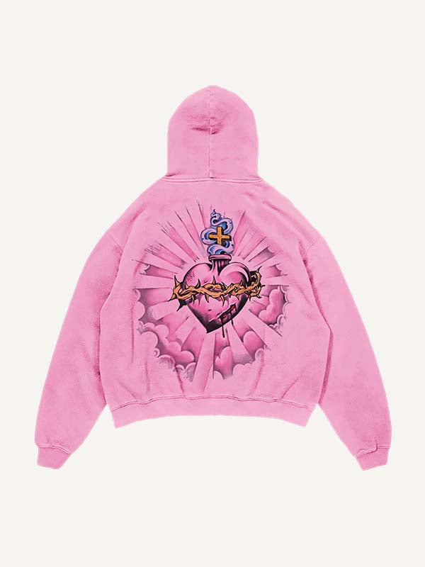 Sudadera con capucha y bolsillos inclinados con estampado desgastado de oraciones, letras, corazones y palmeras 