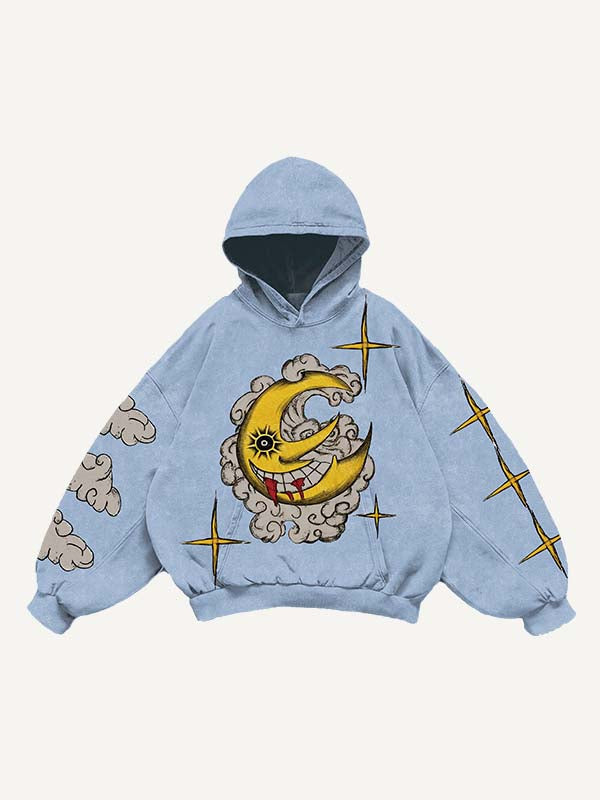 Sudadera con capucha y bolsillos inclinados con estampado de luna, sol, estrellas y nubes malvadas 