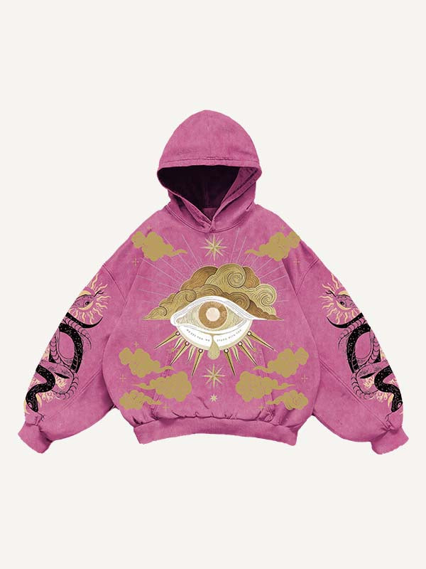 Sudadera con capucha y bolsillos inclinados con estampado gráfico de ojos, nubes, serpientes y palmeras 