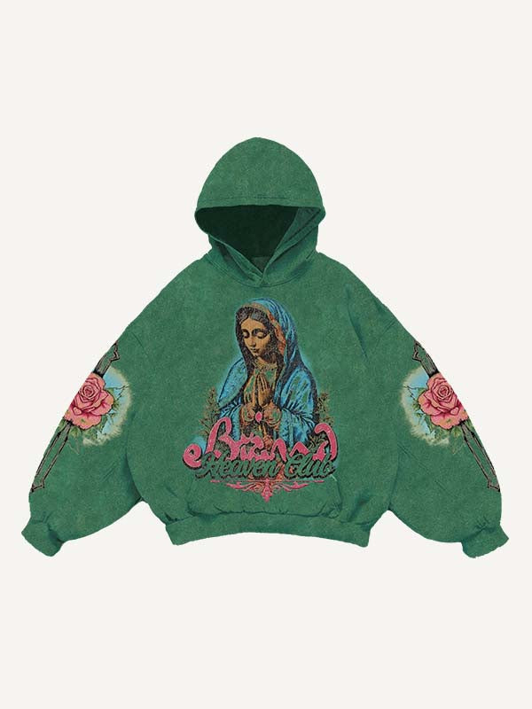 Sudadera con capucha y bolsillos inclinados con estampado de figuras, María, cruz, flores y letras 