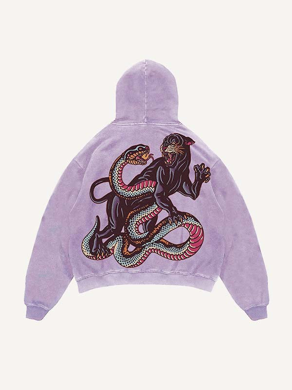 Sudadera con capucha y bolsillos inclinados con estampado de tigre, serpiente y pantera desgastado y lavado