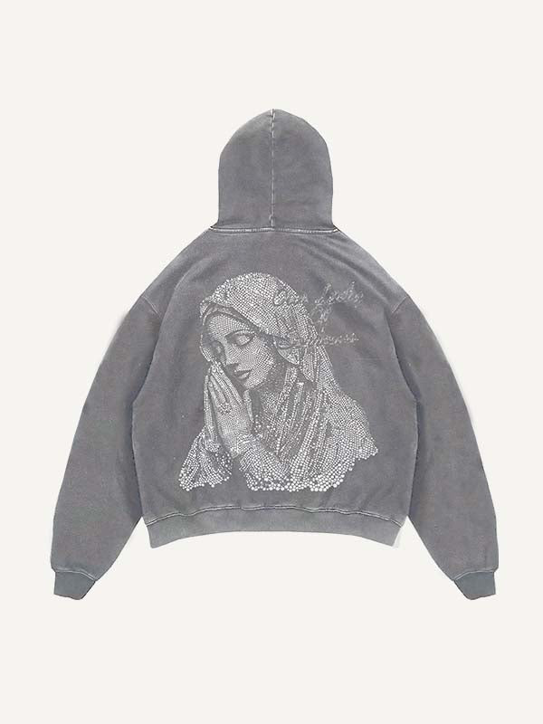 Sudadera con capucha y bolsillos inclinados con estampado de Mary y Letter Pray, desgastada y lavada 