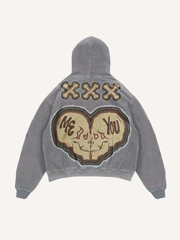 Sudadera con capucha desgastada, lavado y con estampado de calavera falsa "Die For You" y bolsillos inclinados 