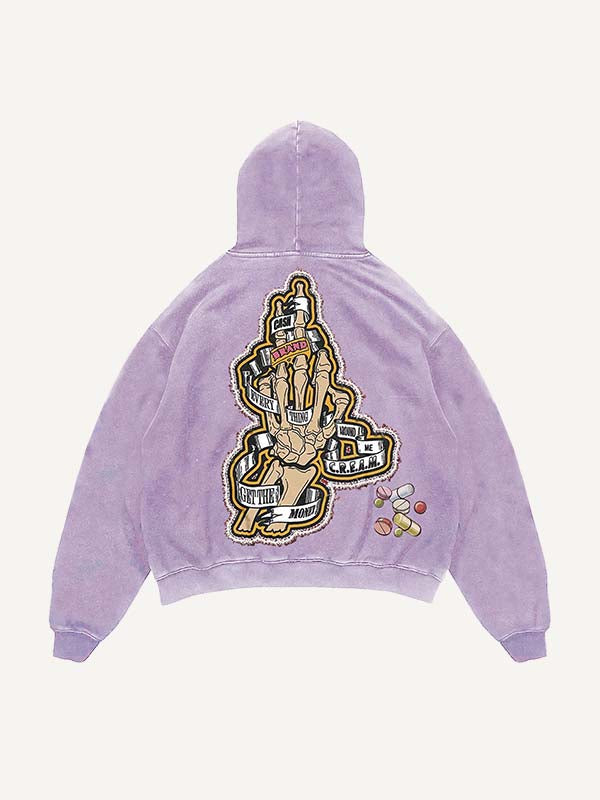 Sudadera con capucha y bolsillos inclinados, desgastada, con estampado de esqueleto inyectable, medicina y letras falsas 