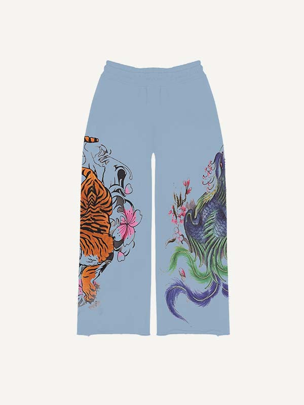 Pantalones con cordón en la cintura y estampado de dragón, tigre y fénix