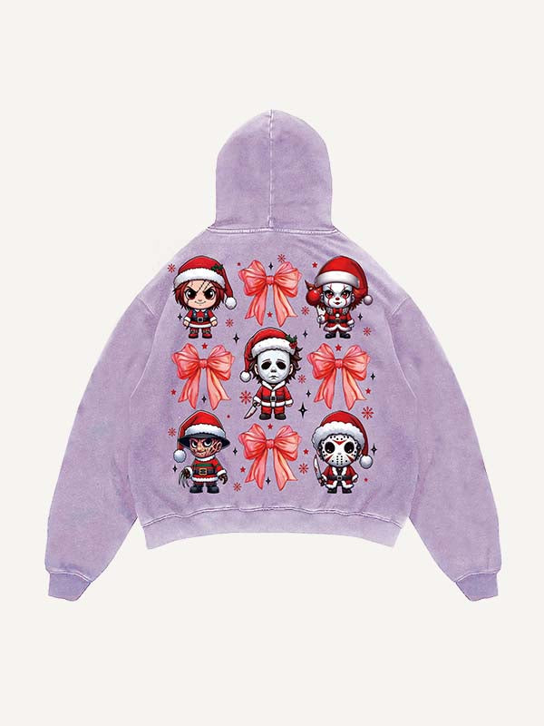 Sudadera con capucha y bolsillos inclinados con estampado de terror navideño desgastado y lavado