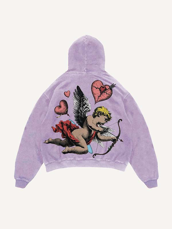 Sudadera con capucha y bolsillos inclinados con estampado de Cupido y Corazón desgastado y lavado 