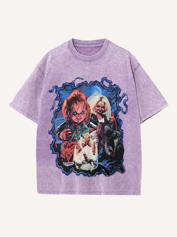 Camiseta de cuello redondo con estampado de terror desgastado y lavado 