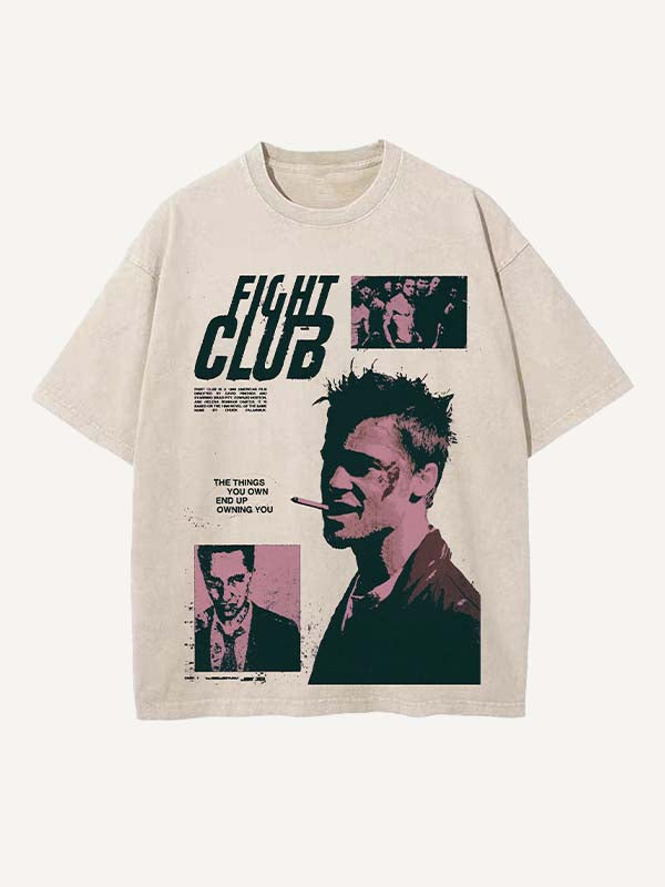 Camiseta de cuello redondo con estampado desgastado, figura lavada, humo y letras 