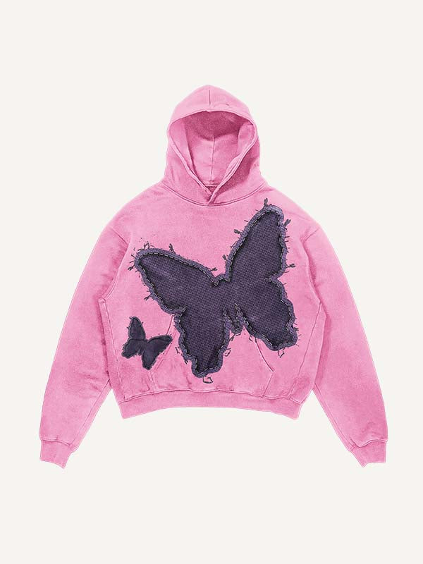 Sudadera con capucha y bolsillos inclinados con estampado de mariposas lavadas y desgastadas