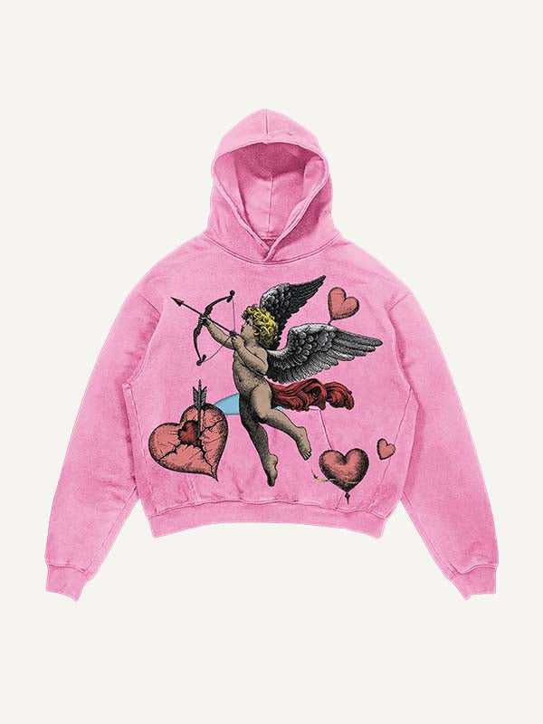 Sudadera con capucha y bolsillos inclinados con estampado de Cupido y Corazón desgastado y lavado 