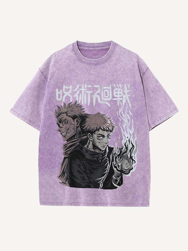 Camiseta de cuello redondo con estampado desgastado, figura lavada, gráfico y fuego 