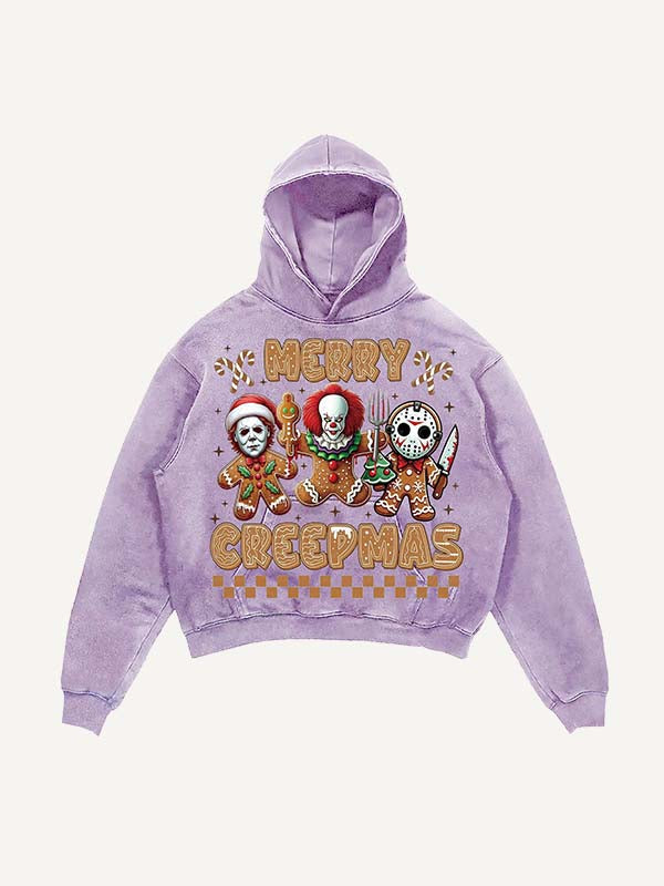 Sudadera con capucha y bolsillos inclinados con estampado de terror navideño desgastado y lavado