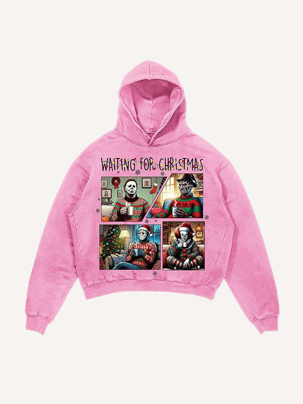 Sudadera con capucha y bolsillos inclinados con estampado de terror navideño desgastado y lavado