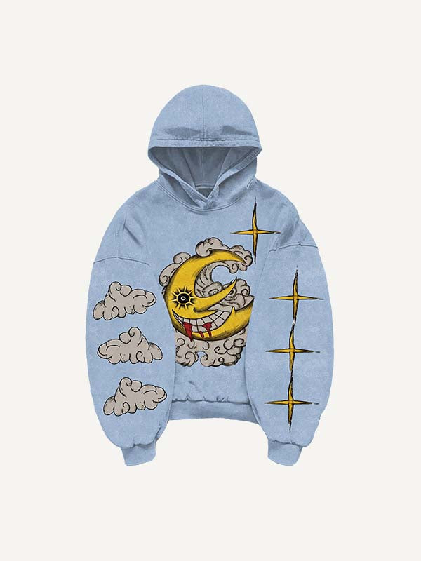 Sudadera con capucha y bolsillos inclinados con estampado de luna, sol, estrellas y nubes malvadas 