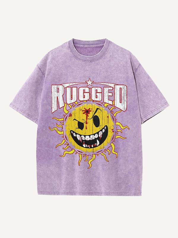 Camiseta de cuello redondo con estampado de letras y sol malvado desgastado y lavado 