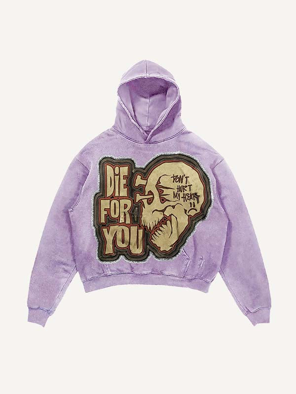 Sudadera con capucha desgastada, lavado y con estampado de calavera falsa "Die For You" y bolsillos inclinados 