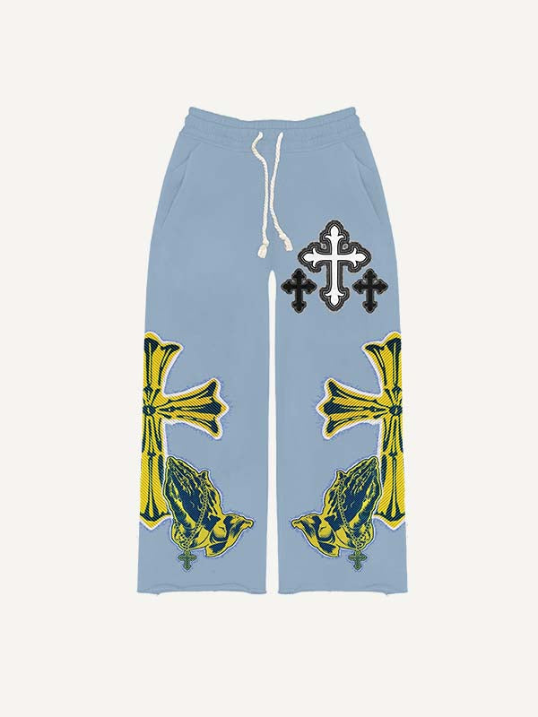 Pantalones con cintura elástica y estampado de calcomanías falsas de Figure&amp;Pray&amp;Cross 