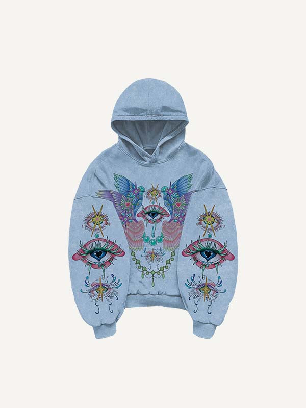 Sudadera con capucha y bolsillos inclinados con estampado de ojos y alas 