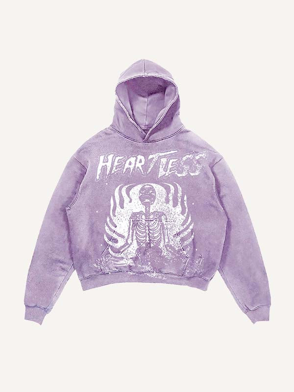Sudadera con capucha desgastada, lavada, con estampado de esqueleto y letras Heartless y bolsillos inclinados 