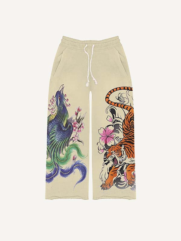Pantalones con cordón en la cintura y estampado de dragón, tigre y fénix