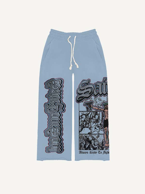 Figure&Gun&Letter Faux Decal Print Elastic Waist Pants