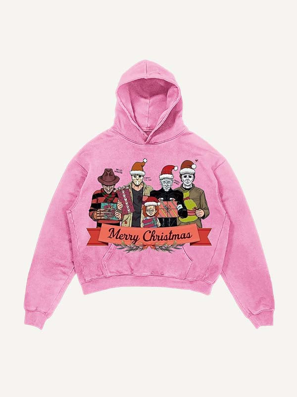 Sudadera con capucha y bolsillos inclinados con estampado de terror navideño desgastado y lavado