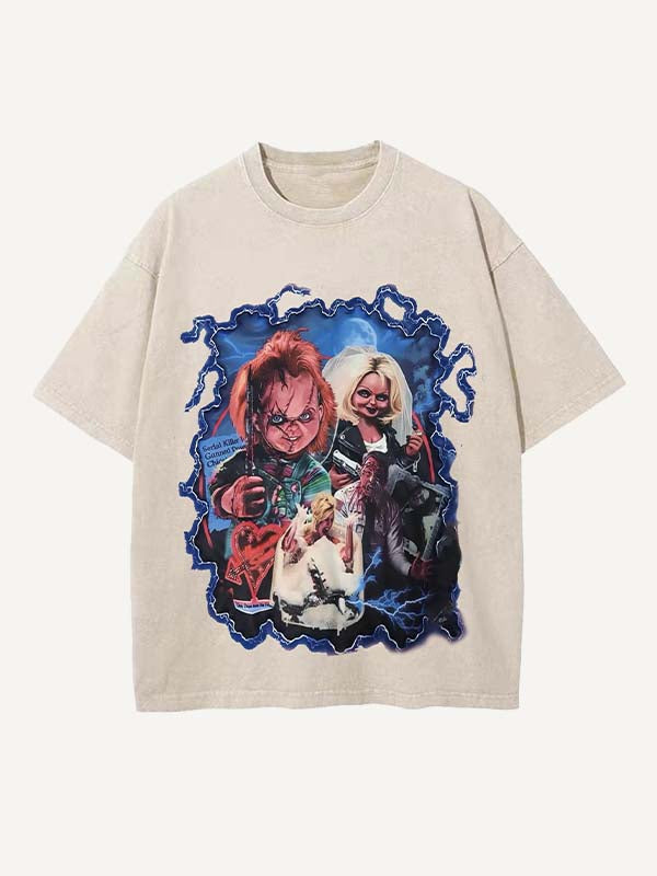 Camiseta de cuello redondo con estampado de terror desgastado y lavado 