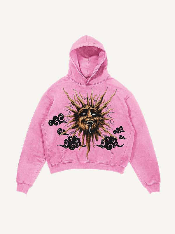 Sudadera con capucha y bolsillos inclinados con estampado de luna, sol, nubes y estrellas malvadas y desgastada 