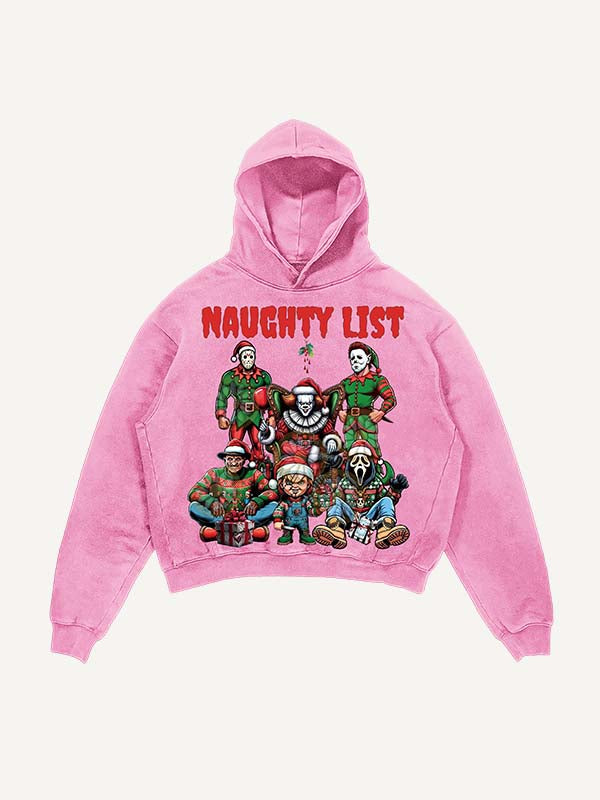 Sudadera con capucha y bolsillos inclinados con estampado de terror navideño desgastado y lavado