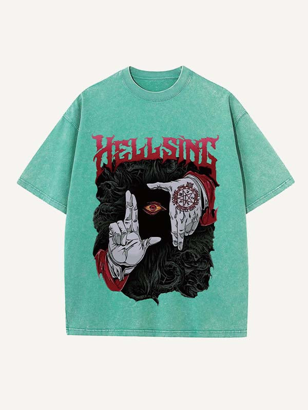 Camiseta de cuello redondo con estampado desgastado de ojos, palmas, letras y gráficos 