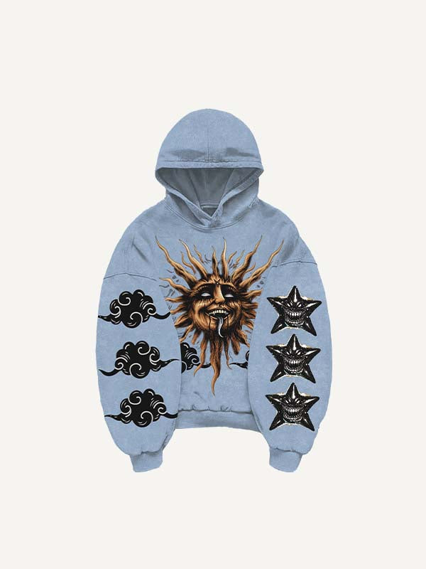 Sudadera con capucha y bolsillos inclinados con estampado de luna, sol, nubes y estrellas malvadas 