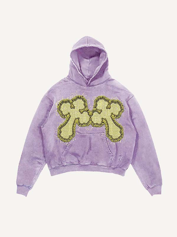 Sudadera con capucha y bolsillos inclinados con estampado de cruz y calavera lavada y desgastada