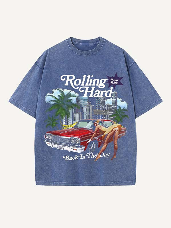 Camiseta de cuello redondo con estampado desgastado de figuras, ciudades, gráficos, dinero y letras 